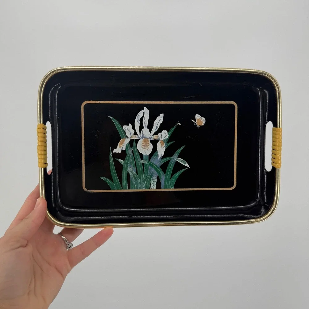 Vintage Black Lacquer Style Serving Tray Iris Butterfly Floral Gold Trim Handles
